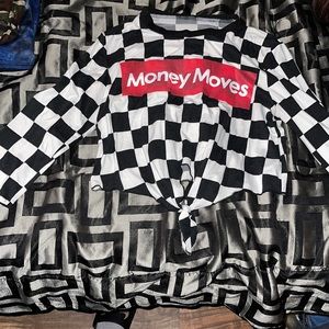 White and black checkered pattern, red and white writing “money moves”